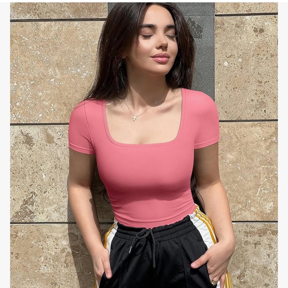 Square Neck Pink Bodysuit - Women's Fitted Top